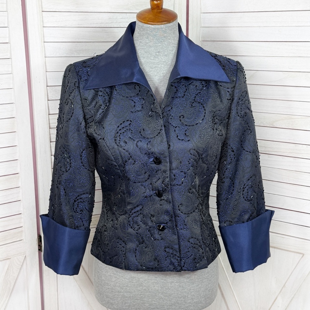 JS Collections Formal Blazer 6 Blue Black Beaded Paisley Brocade Evening Jacket